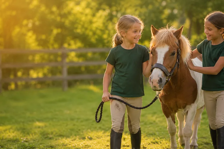Zwei Mädchen führen ein Pony