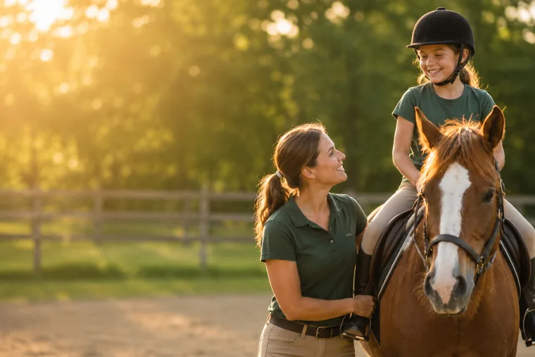Reitlehrerin mit Kind auf dem Pferd