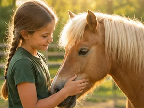 Kind schnuppert Kontakt mit einem Pony