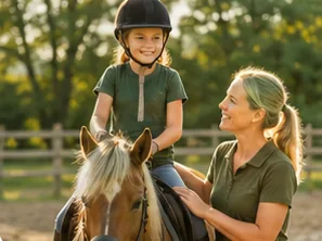 Kind auf dem Pferd mit Reitlehrerin