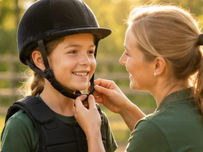 Reitlehrerin passt den Helm des Kindes an